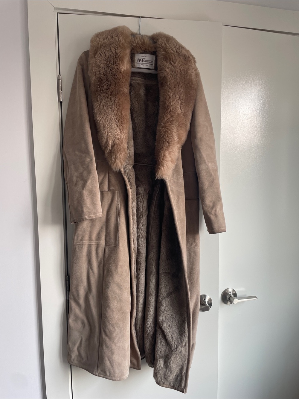 Long Taupe Shearling Trench Coat with Plush Collar